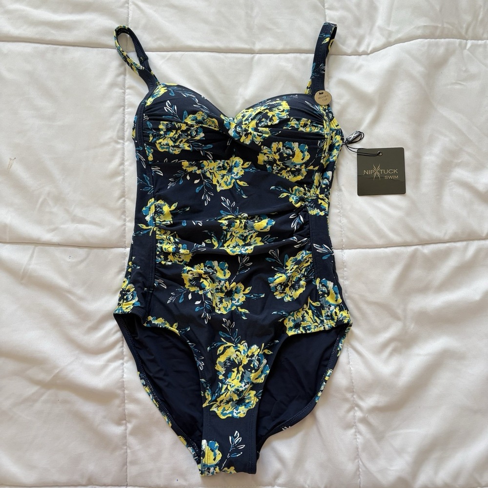 NWT NipTuck One‎ Piece Swimsuit Womens 4 Floral Tummy Control Blue Yellow Summer